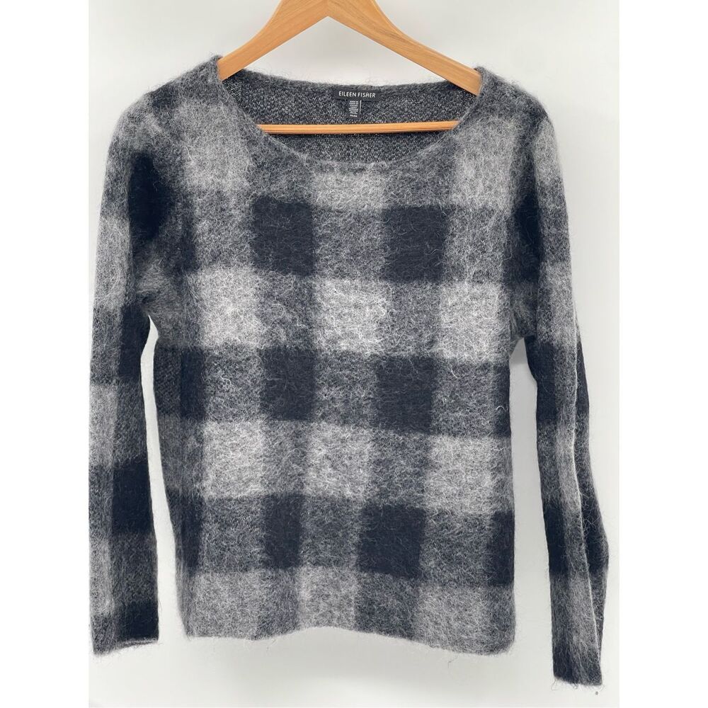 Eileen Fisher Sweater Women Size Medium Gray Plaid Mohair Alpaca Pullover Fuzzy